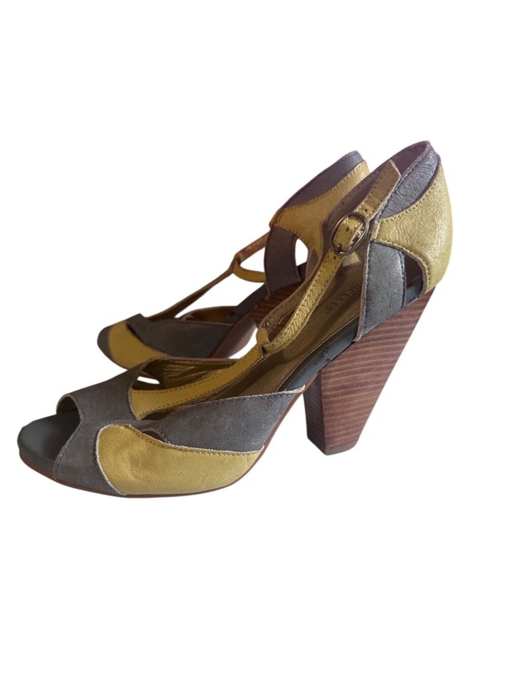 Seychells gray and yellow wooded heels buckle t-strap leather pumps size 9.5